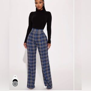 Fashion Nova Black and Blue Plaid Wide Leg Pants